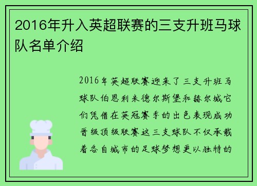 2016年升入英超联赛的三支升班马球队名单介绍